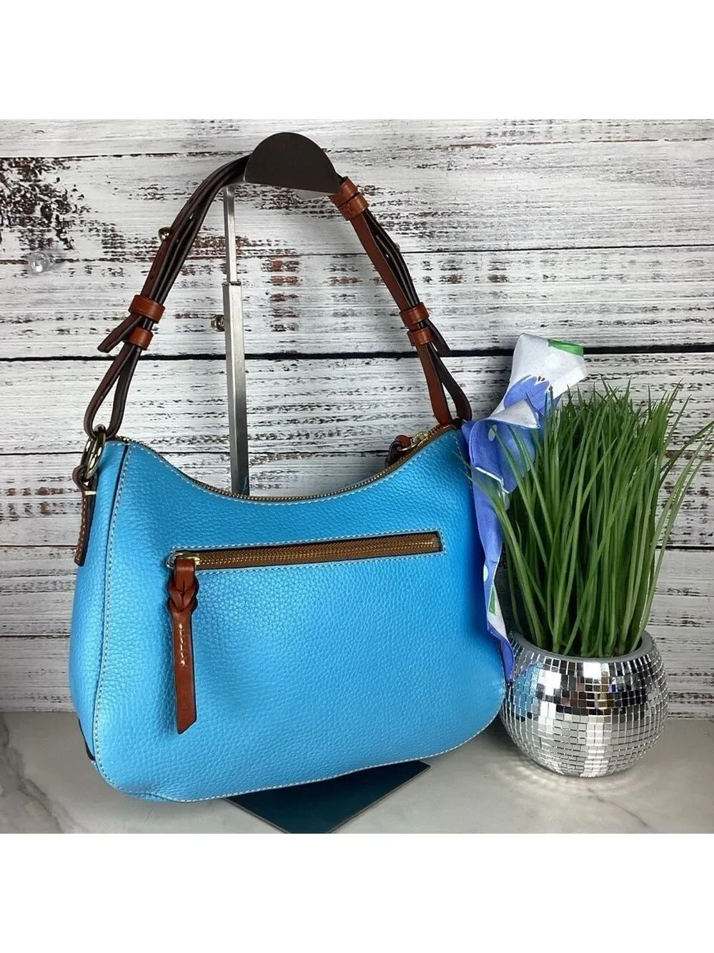 Dooney & Bourke Kiley Aqua Blue Brown Hobo Shoulder Bag Pebble leather Purse guc
